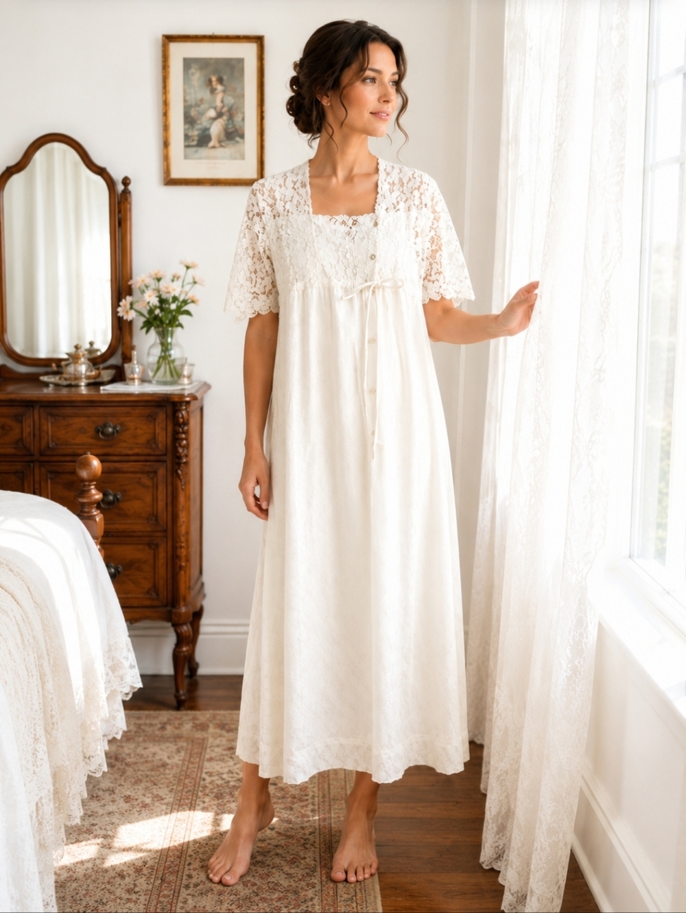 Vintage Off White Lace Nightgown Square Neck Button Front Tie Bodice Cottagecore